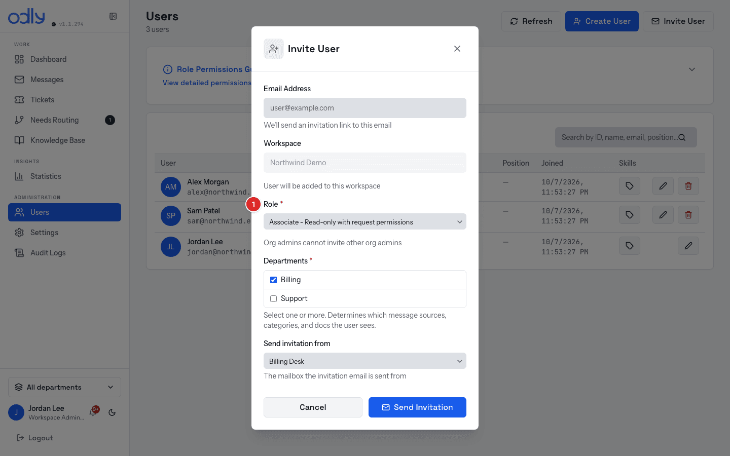 The Invite User dialog — Role is the pick that matters