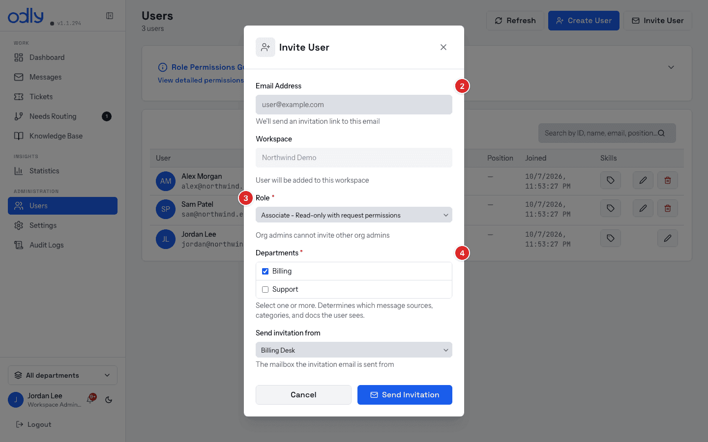 Invite User — email, role, departments