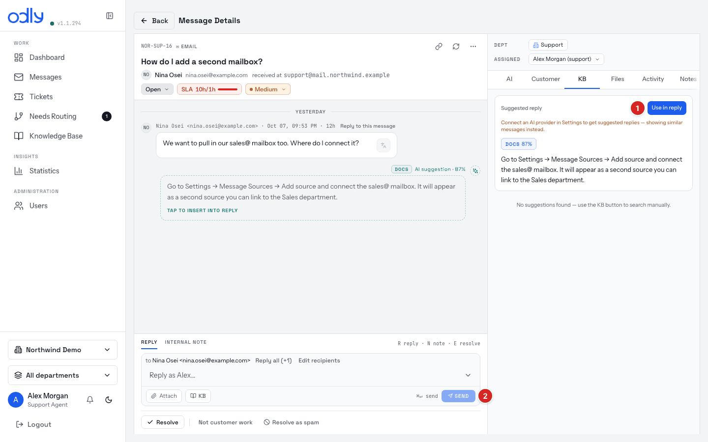 The KB tab — Use in reply, then SEND