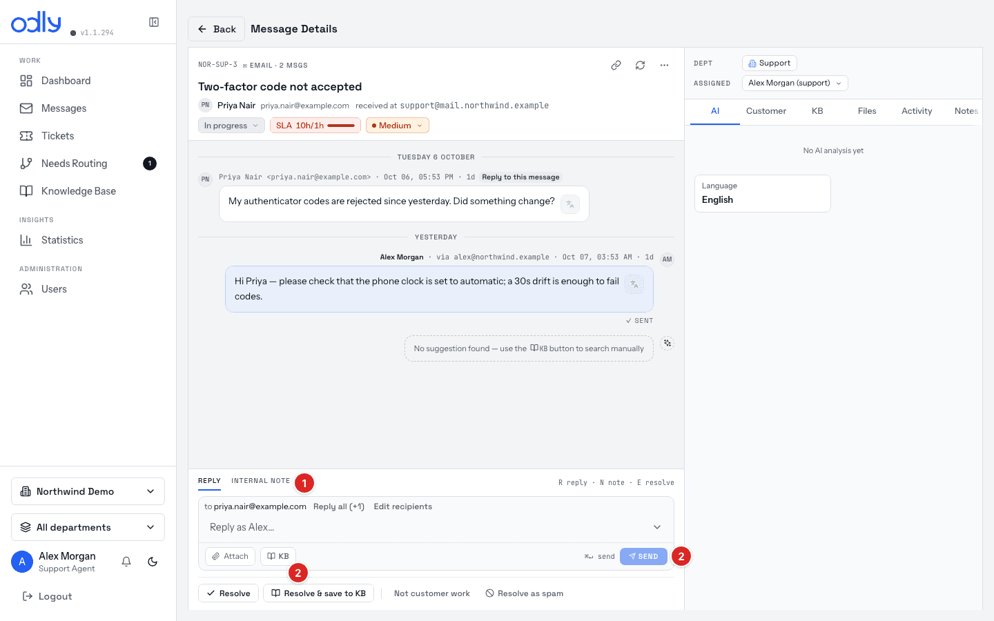 The composer — INTERNAL NOTE, SEND, Resolve & save to KB