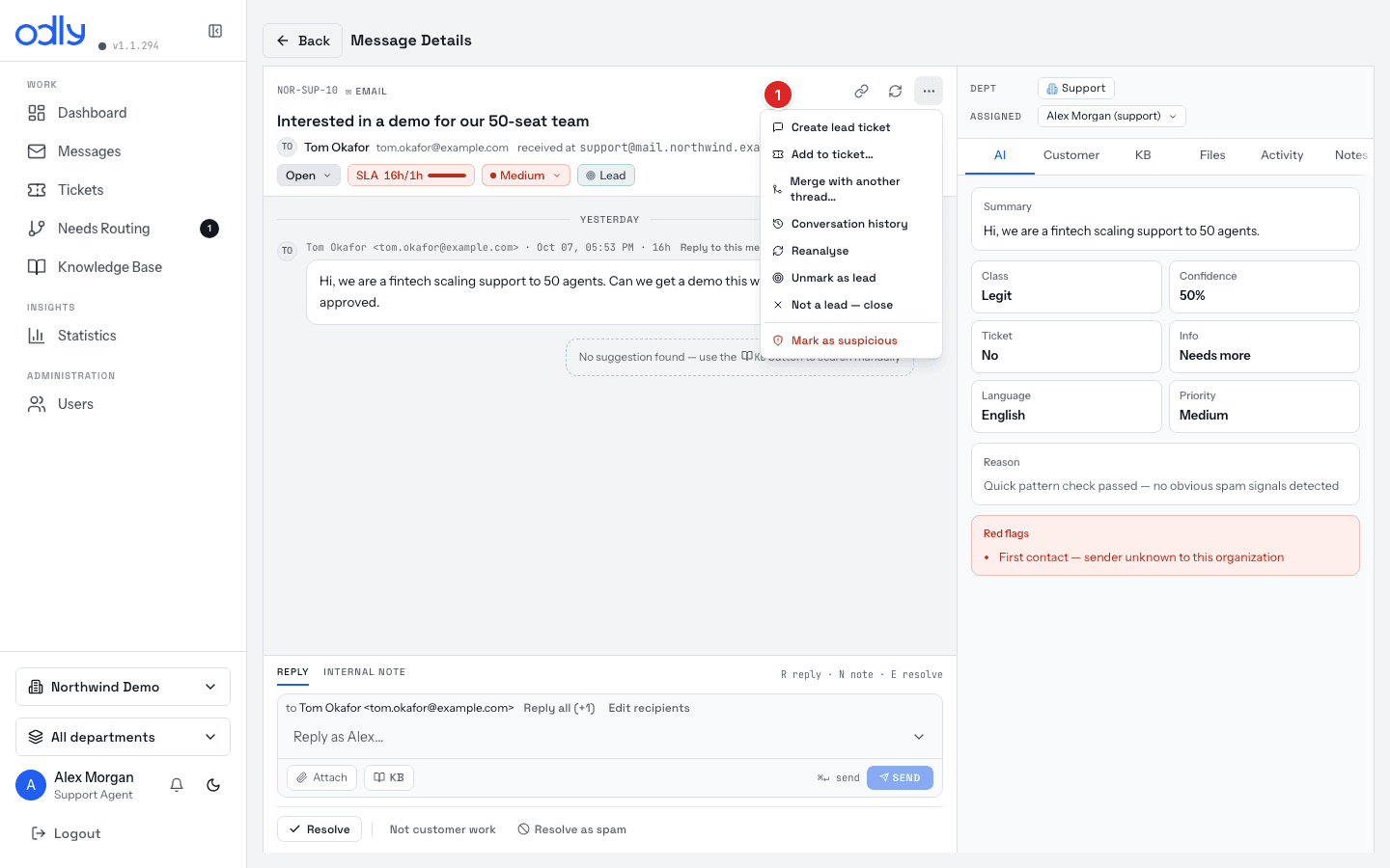The ⋯ menu on a lead — Create lead ticket