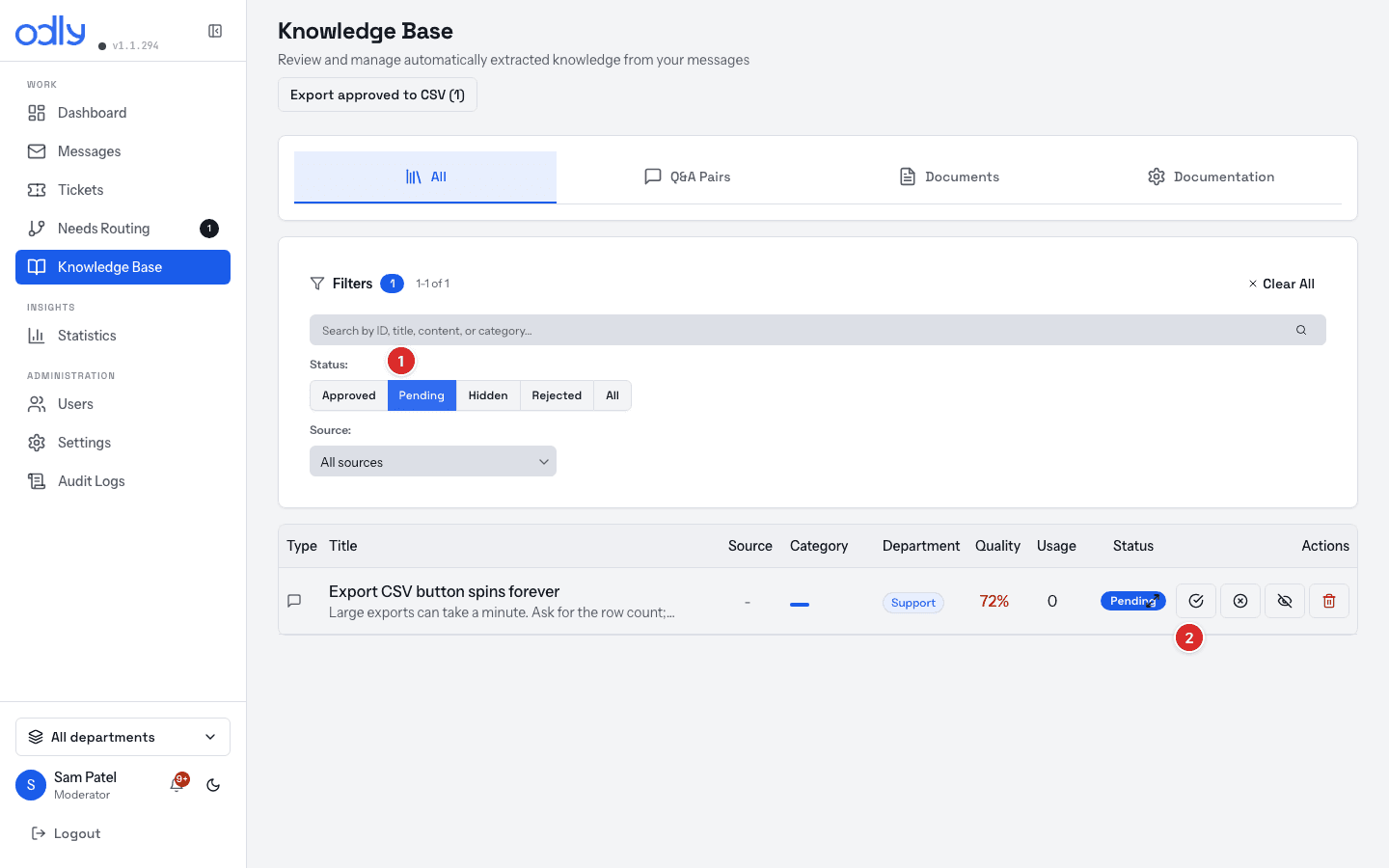 Knowledge Base filtered to Pending